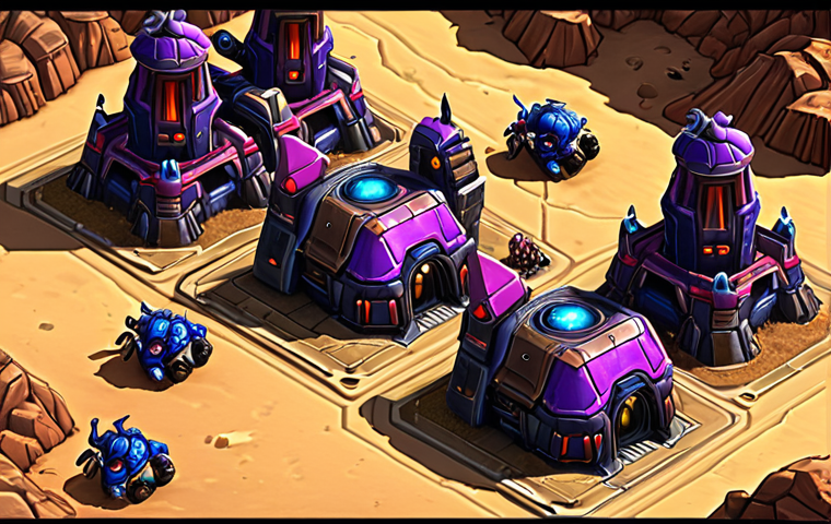 Tower Defense Action**
> Detailed isometric view of a "Mineralz TD" styled StarCraft II mod game. Numerous intricately designed defensive towers are strategically placed on a desert map. Waves of diverse Zerg units are advancing towards a base. High detail, sharp focus, vibrant colors, digital painting, inspired by classic RTS aesthetics. Atmospheric lighting, emphasizing the intensity of the defense.
**