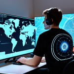 A diverse young adult gamer, with an expression of intense focus and enjoyment, sits at a sleek, minimalist gaming desk. The large, glowing monitor in front of them displays a futuristic real-time strategy game interface, featuring abstract tactical maps and unit icons, evoking the spirit of strategic gameplay. The gamer wears a comfortable, modest t-shirt and dark trousers, fully clothed. The room is modern, with soft, ambient lighting creating an immersive atmosphere. Professional photography, high detail, perfect anatomy, correct proportions, natural pose, well-formed hands, proper finger count, natural body proportions, safe for work, appropriate content, family-friendly.