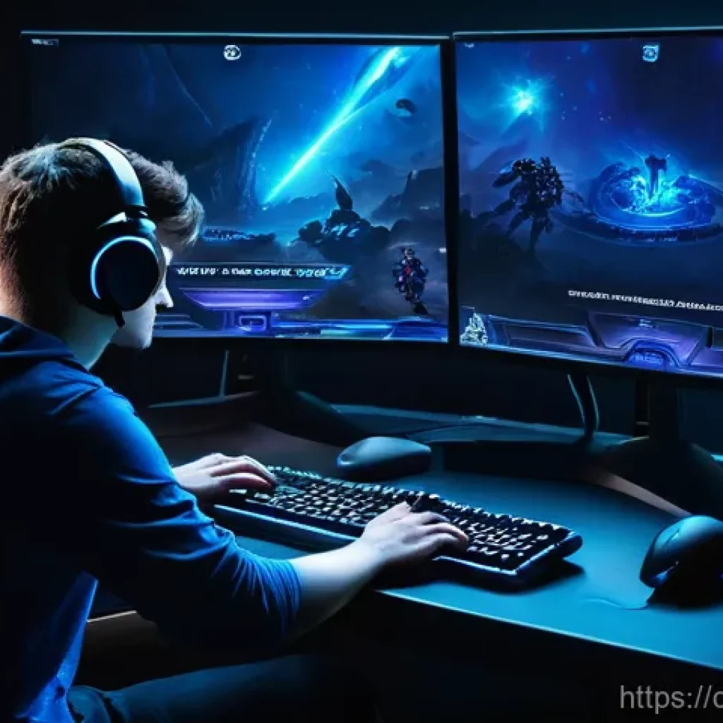 스타크래프트2 대전 매칭 시스템 - **Prompt:** A young adult (18-30 years old), intensely focused, sits at a high-end gaming PC in a so...