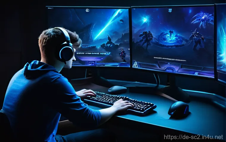 스타크래프트2 대전 매칭 시스템 - **Prompt:** A young adult (18-30 years old), intensely focused, sits at a high-end gaming PC in a so...