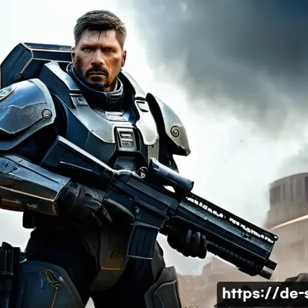 스타크래프트2 캐릭터 소개 - A detailed portrait of Jim Raynor, the rebellious Terran commander, standing confidently in futurist...