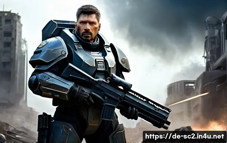 스타크래프트2 캐릭터 소개 - A detailed portrait of Jim Raynor, the rebellious Terran commander, standing confidently in futurist...