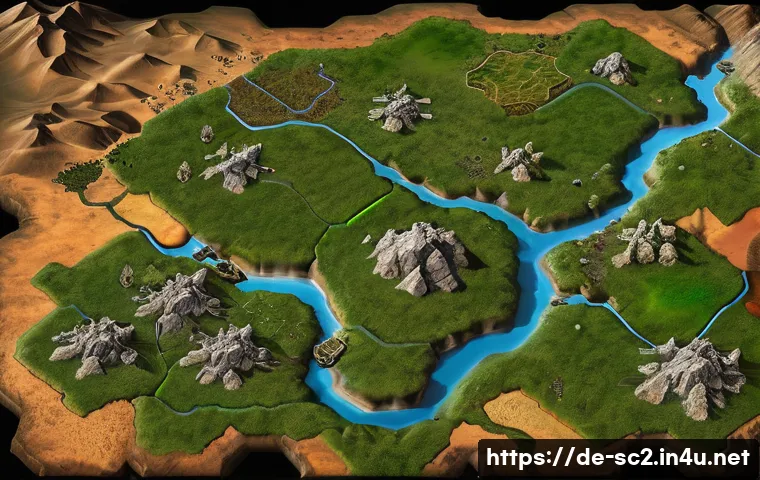 스타크래프트2 신규 맵 리뷰 - A highly detailed StarCraft 2 inspired battlefield map showcasing a diverse terrain layout with open...