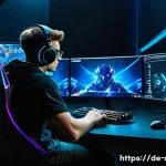 Home 22 스타크래프트2 멀티태스킹 연습 - A professional esports player sitting at a high-tech gaming setup in a dimly lit room, intensely foc...