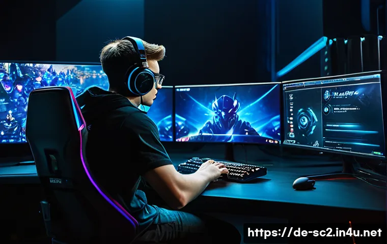 스타크래프트2 멀티태스킹 연습 - A professional esports player sitting at a high-tech gaming setup in a dimly lit room, intensely foc...