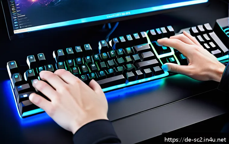 스타크래프트2 커스텀 키 세팅 - A detailed close-up of a professional gaming setup focused on a mechanical keyboard with German QWER...