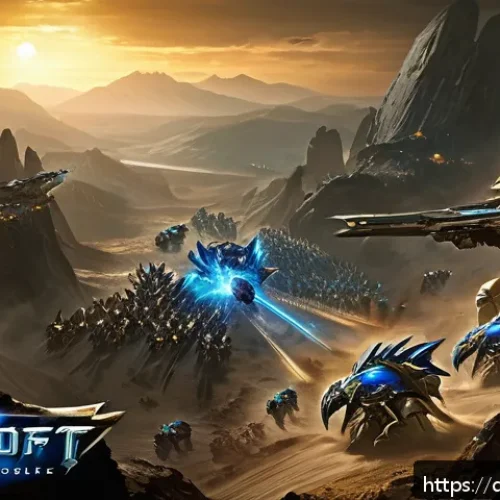 Home 31 스타크래프트2 전술 교과서 - A dynamic StarCraft 2 mid-game battle scene featuring Protoss and Zerg armies clashing at a narrow m...