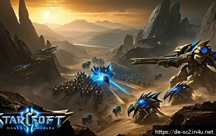 스타크래프트2 전술 교과서 - A dynamic StarCraft 2 mid-game battle scene featuring Protoss and Zerg armies clashing at a narrow m...